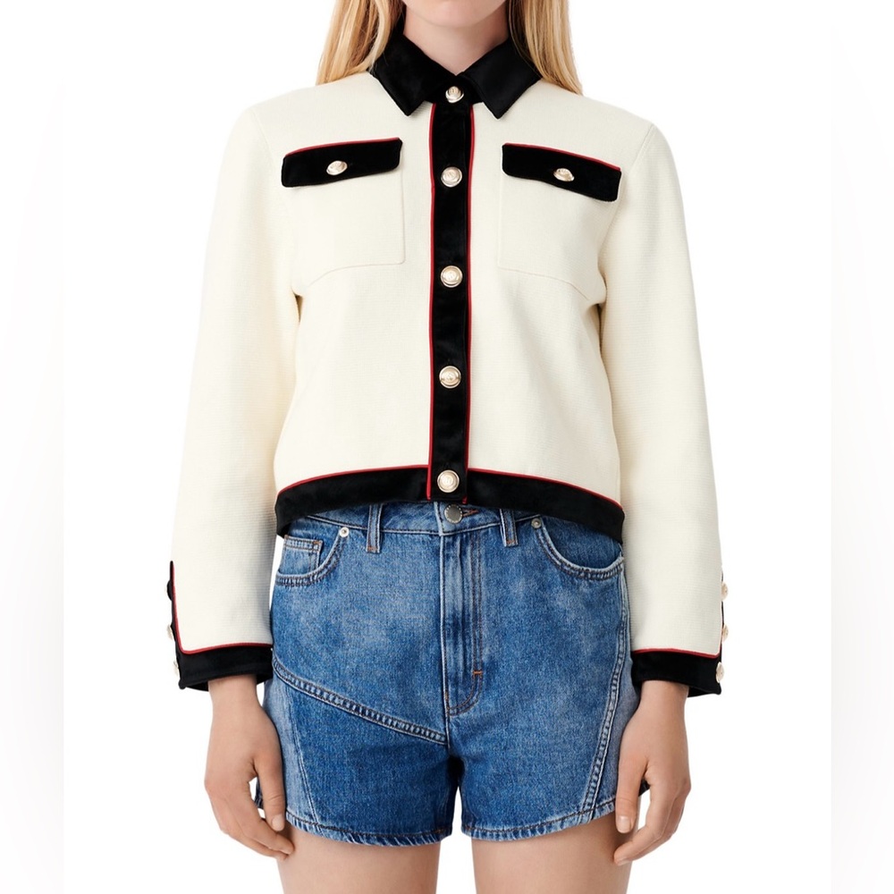 NWT Maje Molia Cropped Velvet Trim Cardigan